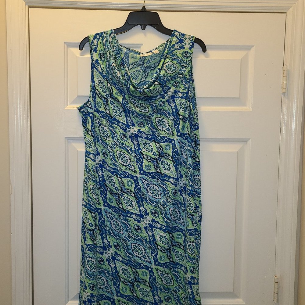Blue Green Patterned Sleeveless Cowlneck Dress by Kim Rogers, size XL